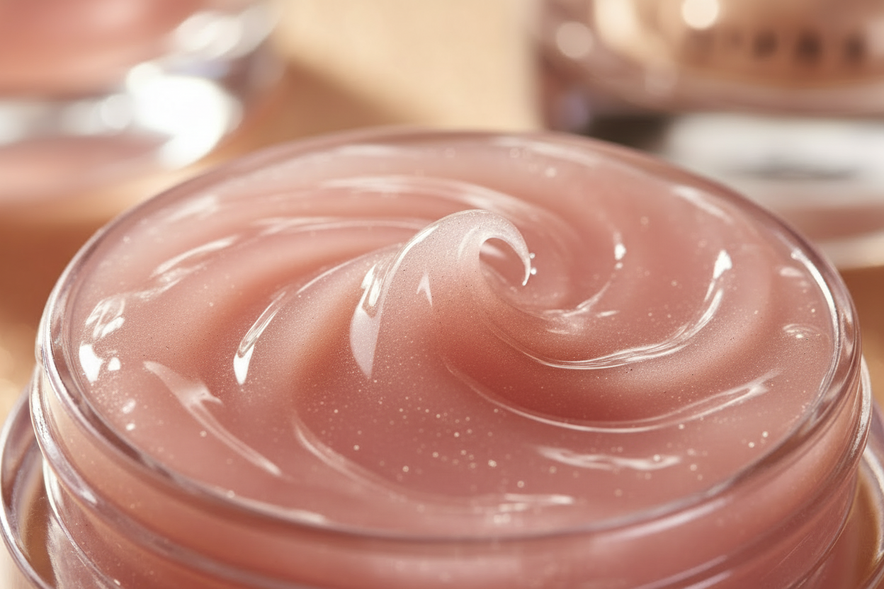 Jar of pink cream with a swirl on a blurred background