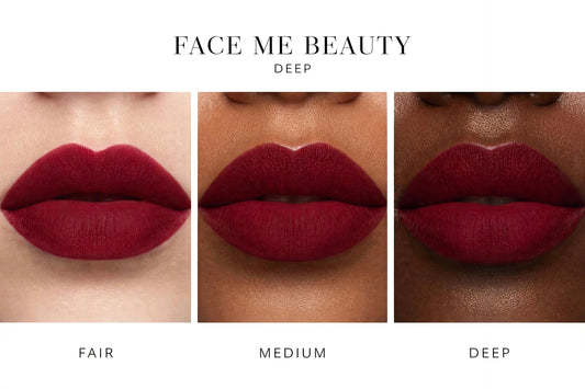 Three vertical panels show close-up lips wearing a deep matte red lipstick on different skin tones, labeled FAIR, MEDIUM, and DEEP. Above the panels, the text reads FACE ME BEAUTY and DEEP, with FAIR and MEDIUM labeled below the respective panels.