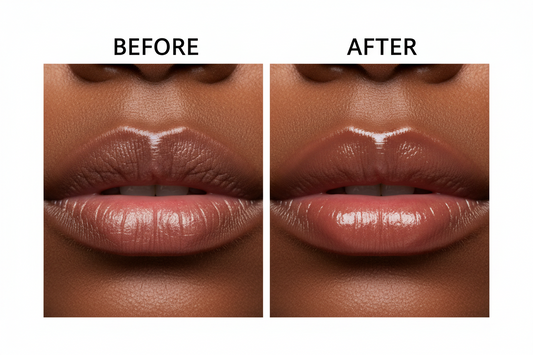 Before and after comparison of lips with a cosmetic product applied.