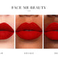 Three vertical panels show close-up lips wearing a vivid matte red lipstick, labeled Fair, Medium, and Deep under the brand name FACE ME BEAUTY 1020.