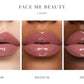 Three close-up lip swatches on a white background labeled FACE ME BEAUTY CANDY, showing fair, medium, and deep skin tones wearing a glossy dusty rose lipstick.