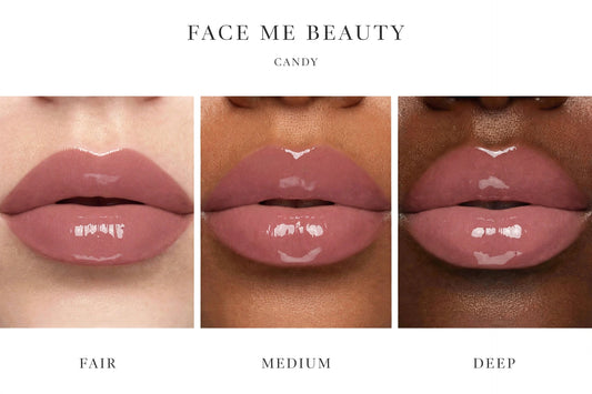 Three close-up lip swatches on a white background labeled FACE ME BEAUTY CANDY, showing fair, medium, and deep skin tones wearing a glossy dusty rose lipstick.