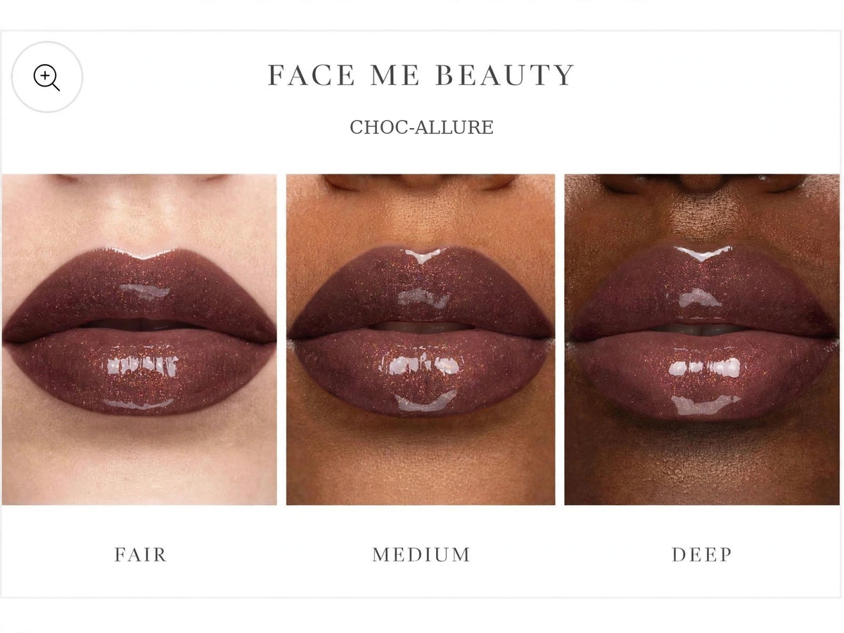 Three close-up lip swatches showing the same lip color on fair, medium, and deep skin tones, with the text FACE ME BEAUTY, CHOC-ALLURE, FAIR, MEDIUM, and DEEP.