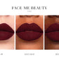 Three vertical panels show close-up lips wearing a deep matte burgundy lip color, labeled Fair, Medium, and Deep under the brand name FACE ME BEAUTY EXEC.
