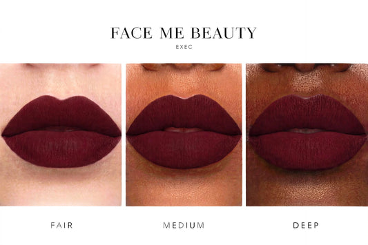Three vertical panels show close-up lips wearing a deep matte burgundy lip color, labeled Fair, Medium, and Deep under the brand name FACE ME BEAUTY EXEC.
