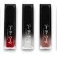 Five Face Me Beauty Cosmetics liquid lipstick tubes in a row on a white background, showing gradient shades from deep purple to red, nude, and rosy pink.