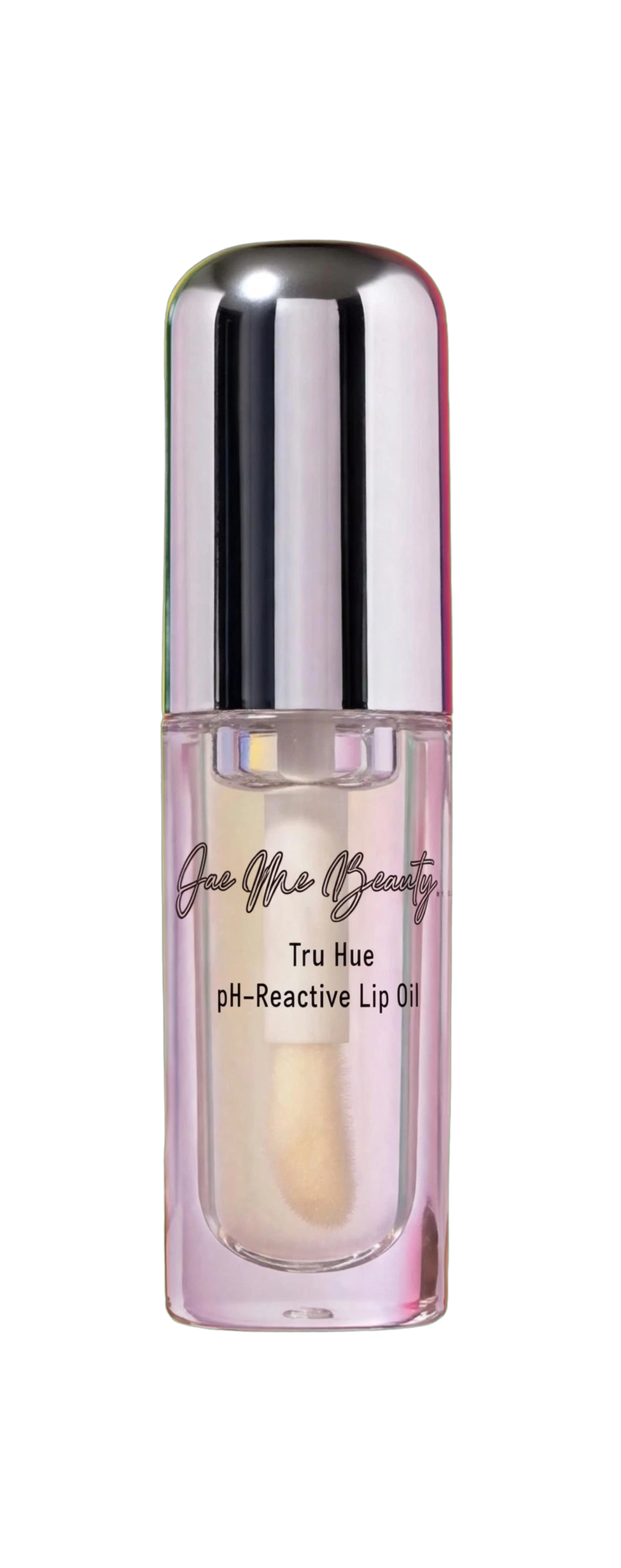 A bottle of Face me Beauty Tru Hue pH-Reactive Lip Oil with a reflective silver cap and a clear glass bottle showing a pale pink liquid inside, set against a plain white background.