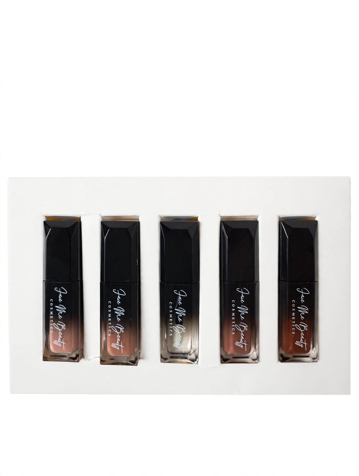 Five Face Me Beauty Cosmetics liquid lip products in a row on a white background, showing gradient shades from deep brown to warm nude.