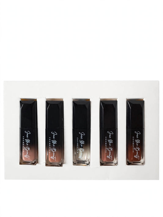 Five Face Me Beauty Cosmetics liquid lip products in a row on a white background, showing gradient shades from deep brown to warm nude.