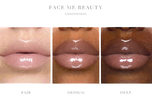 Three vertical panels show close-up lips wearing a glossy nude lip color, labeled Fair, Medium, and Deep, with the text FACE ME BEAUTY UNBOTHERED at the top on a white background.