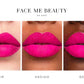 Three close-up lip swatches on different skin tones labeled FAIR, MEDIUM, and DEEP, with the text FACE ME BEAUTY / DA SHAT above and below the swatches.