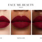 Three vertical panels show close-up lips wearing a deep matte red lipstick on different skin tones, labeled FAIR, MEDIUM, and DEEP. Above the panels, the text reads FACE ME BEAUTY and DEEP, with FAIR and MEDIUM labeled below the respective panels.