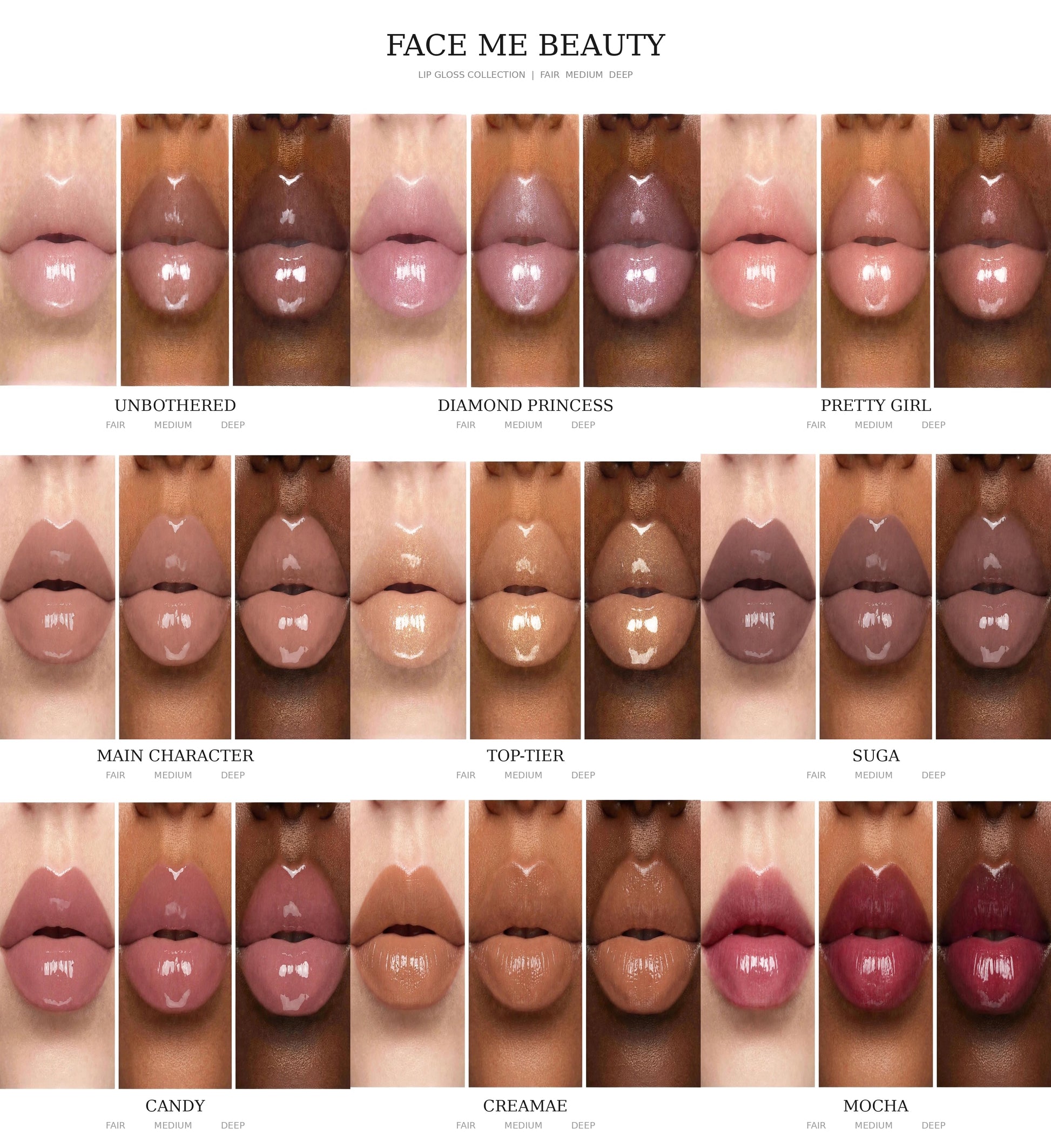 A lip color shade chart titled 'FACE ME BEAUTY' showing 24 glossy lip swatches arranged in a 3x8 grid. Each row features different shade names including Unbothered, Diamond Princess, Pretty Girl, Main Character, Top Tier, Suga, Candy, Creamae, and Mocha.
