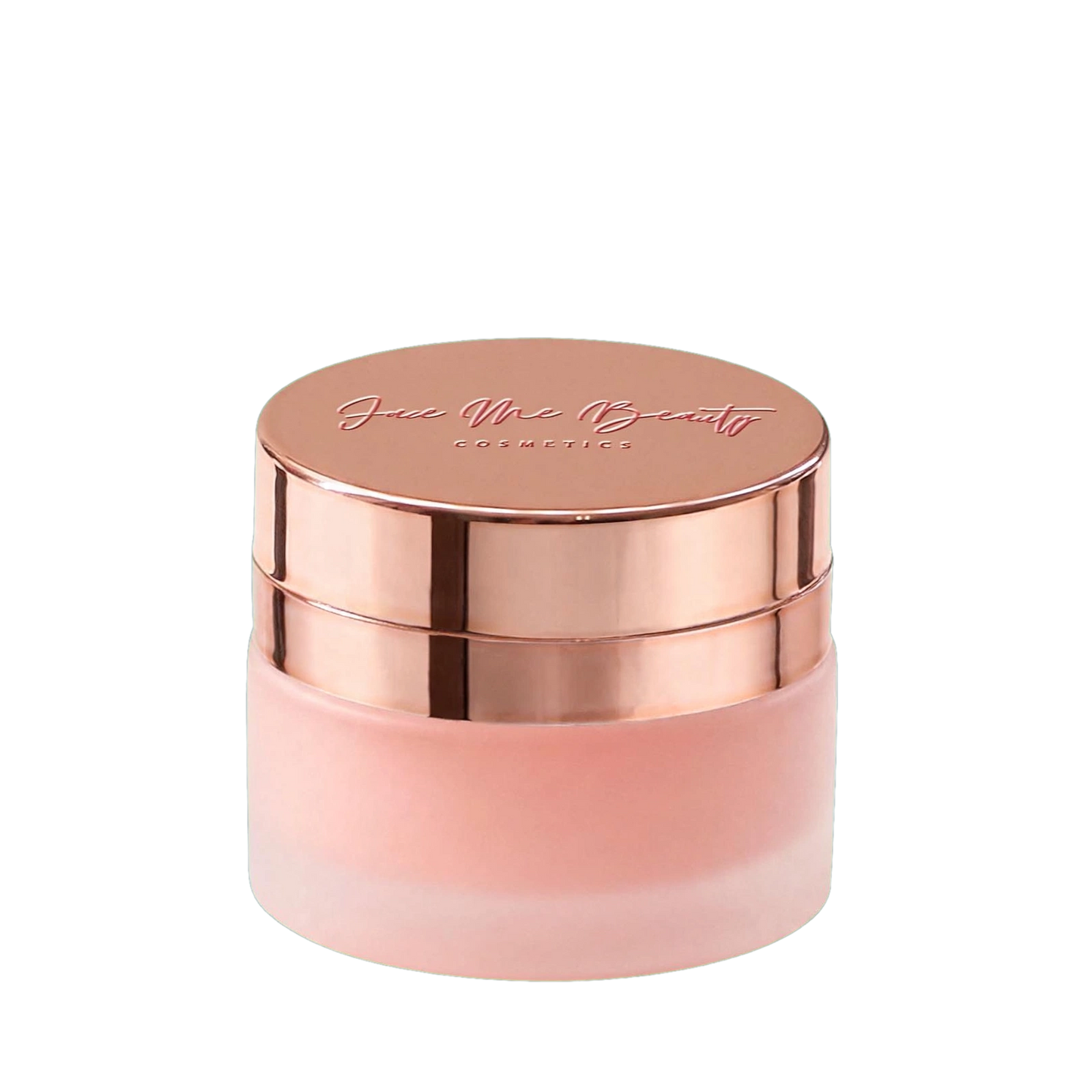A frosted glass cosmetic jar with a metallic rose gold lid, featuring the brand name Face Me Beauty COSMETICS' embossed on top, set against a plain white background.