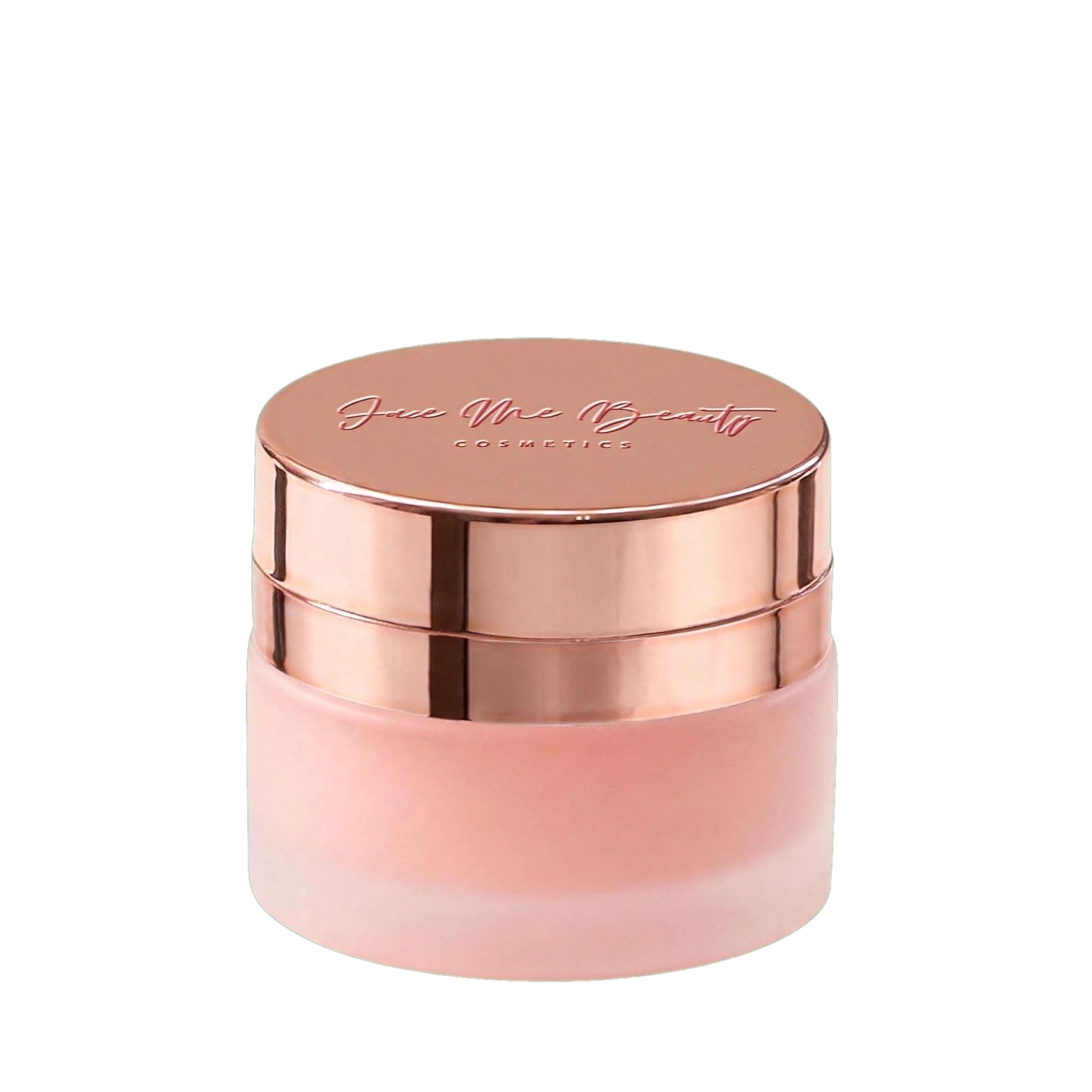 A frosted glass cosmetic jar with a metallic rose gold lid, featuring the brand name Face Me Beauty COSMETICS' embossed on top, set against a plain white background.