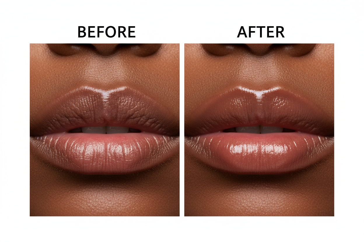 Before and after comparison of lips with a cosmetic product applied.